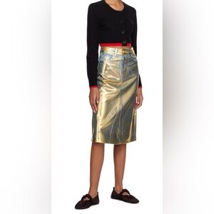 NWT Ganni Gold Metallic Coated Denim Midi Skirt EU 42 / US 10